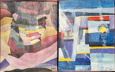 two paintings of different colors and shapes on a wooden surface