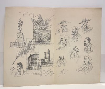 an old book with drawings of people and buildings on it