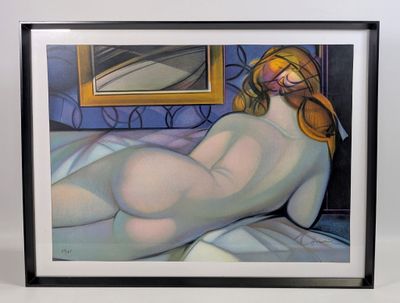 tableau représentant une femme nue allongée sur un lit devant un miroir