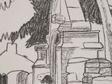 drawing of a man sitting in front of a building with stacks of luggage