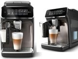 deux vues différentes d'une machine à café avec une tasse de café