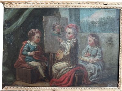 un vieux tableau représentant trois enfants assis devant un miroir