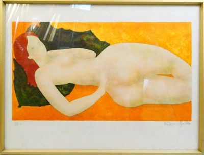 an image of a painting of a woman laying down on an orange background