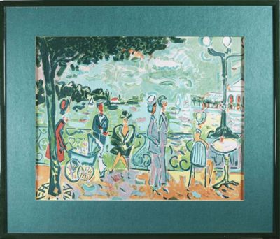 tableau représentant des personnes dans un parc au bord de l'eau, avec un cheval et une calèche