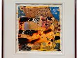 framed photograph of a picture of an abstract painting with a brown frame
