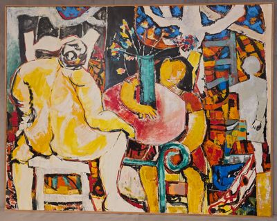 un tableau représentant un homme et une femme assis sur une chaise