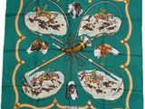 green silk square scarf with horses and jockeys on it