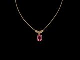 a pink tourmaline and diamond pendant on a gold chain