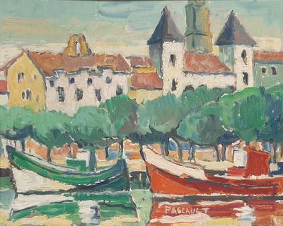 a painting of boats in the water near a town