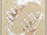 painting of two hands reaching for each other in a circle