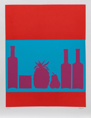 une image représentant un tableau rouge et bleu avec des bouteilles et une plante