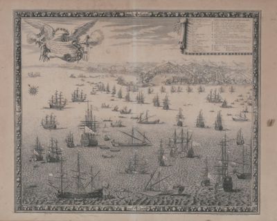 un vieux dessin représentant un port avec des bateaux et un oiseau qui vole au-dessus