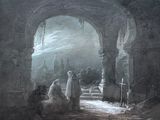 painting of a man and a woman standing in an archway in a castle