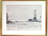 framed watercolor painting of a lighthouse in the middle of the ocean