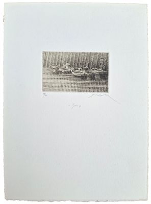 dessin représentant un bateau sur un plan d'eau, avec des arbres en arrière-plan