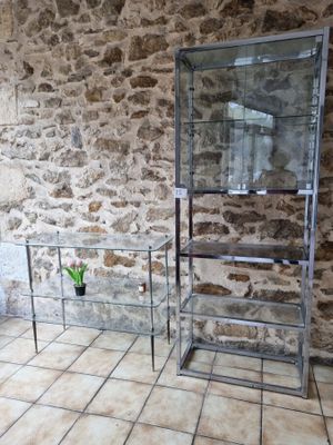 une étagère en verre sur laquelle est posée une plante, dans un coin de la pièce