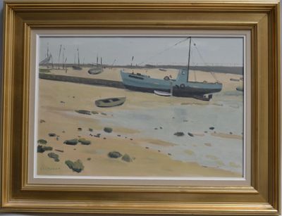 a picture of a painting of a boat on the beach