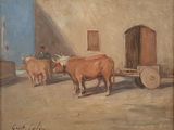 painting of a couple of cows pulling a cart down a street