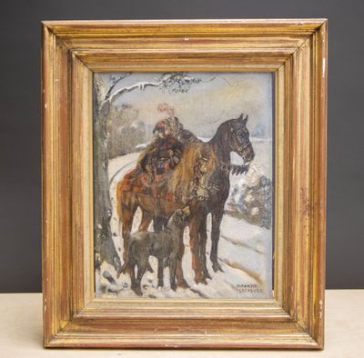 an image of a painting of two horses and a dog in the snow