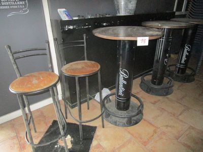 three stools and a table in a room