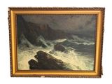 a painting of waves crashing over rocks on a white background
