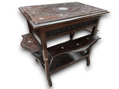an image of a wooden table with a shelf underneath it
