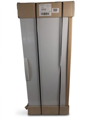 the refrigerator is in a cardboard box on a white surface