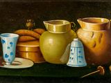 une peinture représentant un pichet, une tasse et une assiette posés sur une table