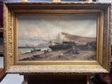 a picture of a painting of a boat on the beach
