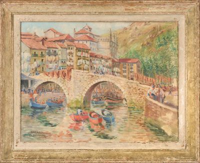 une peinture à l'huile représentant un pont enjambant une rivière sur laquelle naviguent des bateaux