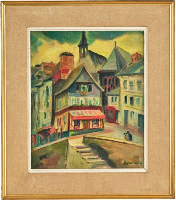 une image représentant un tableau représentant une scène de rue avec des bâtiments et une tour horloge