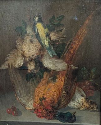 un tableau représentant un oiseau, un faisan et un faisan dans un bol en verre