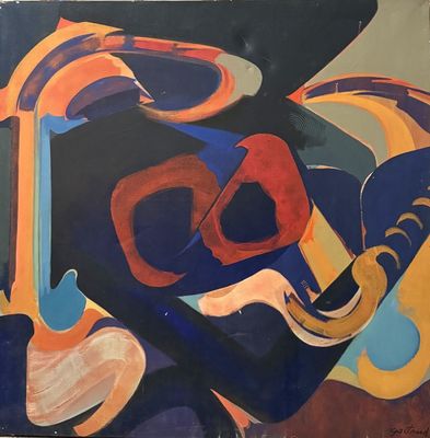 abstract painting of a man playing a trumpet in front of a black background