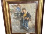 une peinture à l'huile représentant un garçon tenant un pistolet à la main