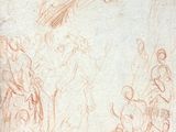 a drawing of a group of people sitting around a man on a horse