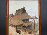 painting of a hut with a cow in front of it and a mountain in the background