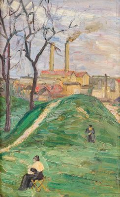 une peinture à l'huile représentant un homme descendant une colline verdoyante à vélo