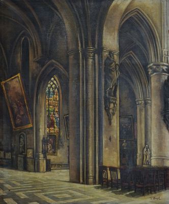 a painting of a church with a stained glass window