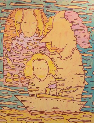 un dessin représentant une famille dans un bateau sur l'eau