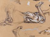 un dessin représentant un homme allongé par terre à côté d'un chien