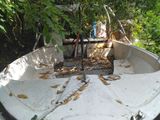 a boat that is sitting in the middle of the yard