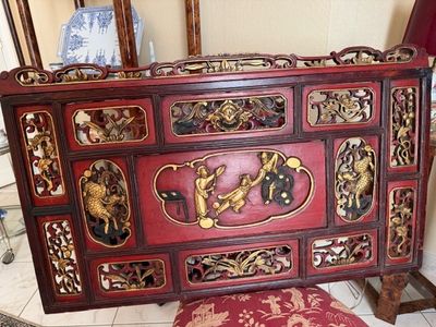 Chine - Panneau en bois de Ningbo sculpté - laque et feuille…