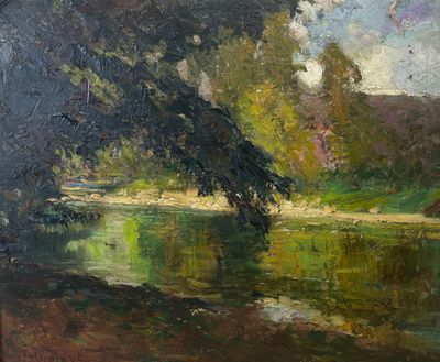 an oil painting of a river with a tree in the foreground