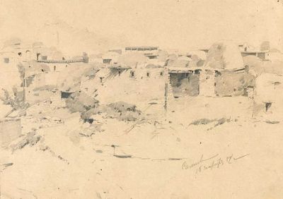 un dessin représentant un village au milieu du désert