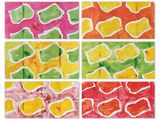 four pieces of paper with different colors of paint on them