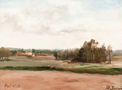 tableau représentant un champ avec une ferme au loin