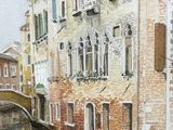 a watercolor painting of a canal with boats on it