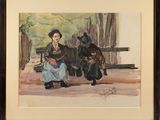 tableau représentant une femme assise sur un banc avec un enfant et un chien