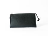 a black leather clutch bag with a zipper on the front