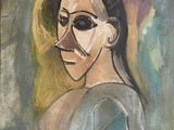 une peinture à l'huile représentant une femme portant des lunettes